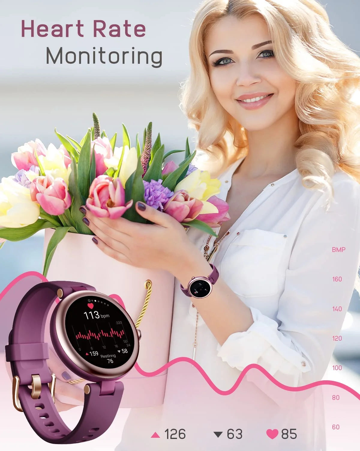 Smart Watch for Women Waterproof Purple, Small, round Women'S Watch Compatible with Iphone Android Phones Fitness Tracker Watch with Heart Rate Monitor Pedometer Sleep Tracker