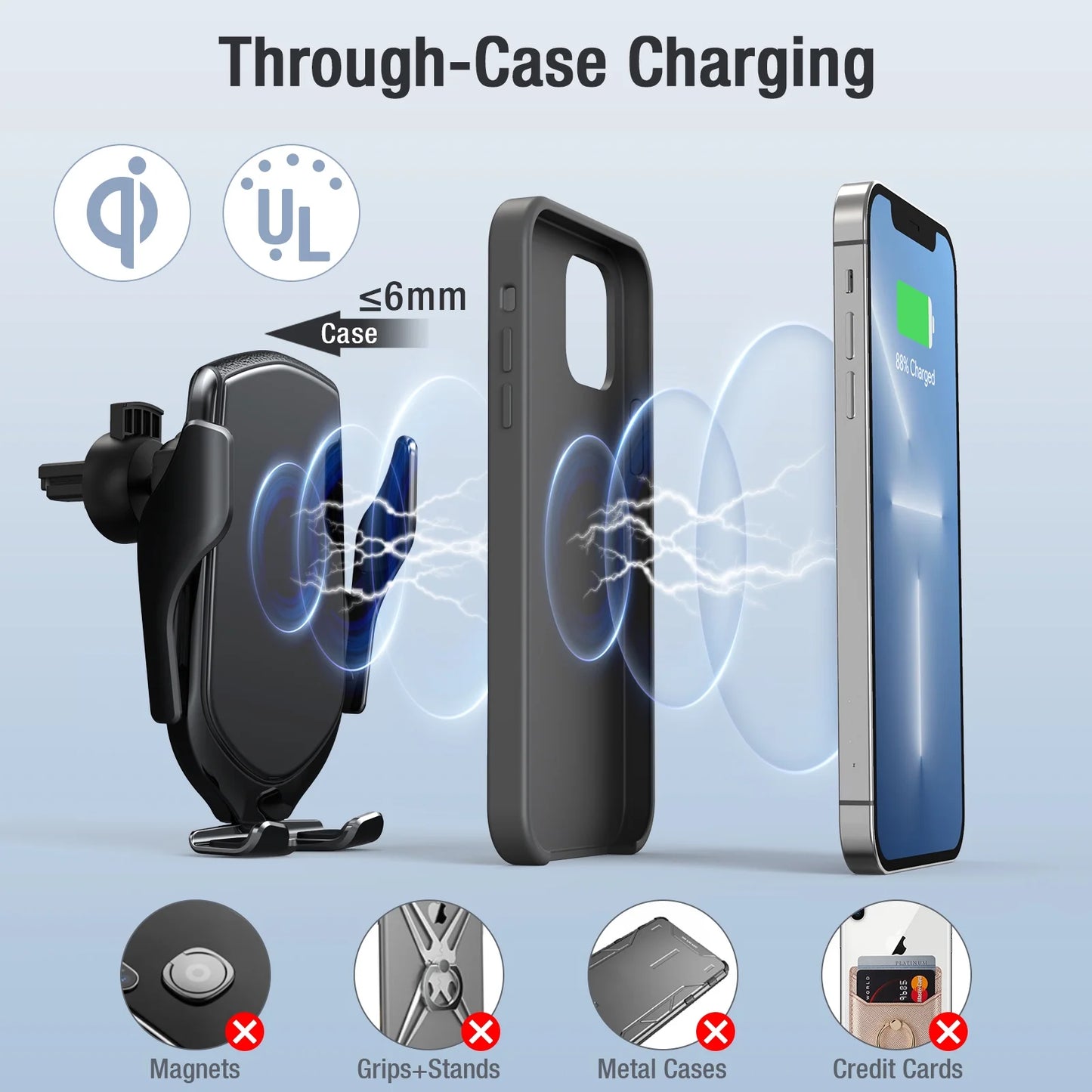 R2 Fast Wireless Charging Air Vent Iphone Samsung Car Mounts with Type-C Cable