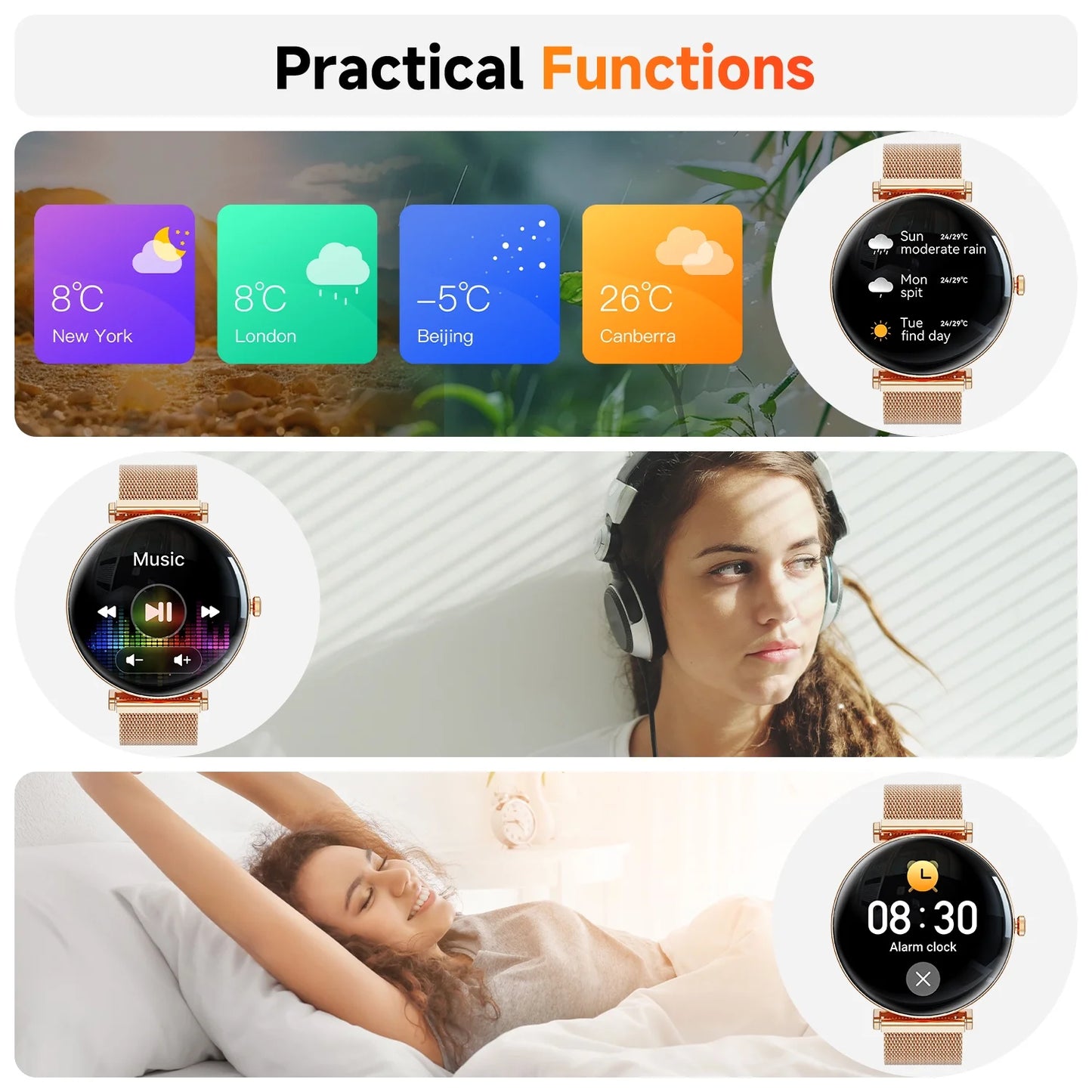 【Amoled】 42Mm Smart Watch for Women, Fits for Android and Iphone Devices,With IP68 Waterproof/150+ Sport Modes,Perfect Gift,2 Straps(Gold)
