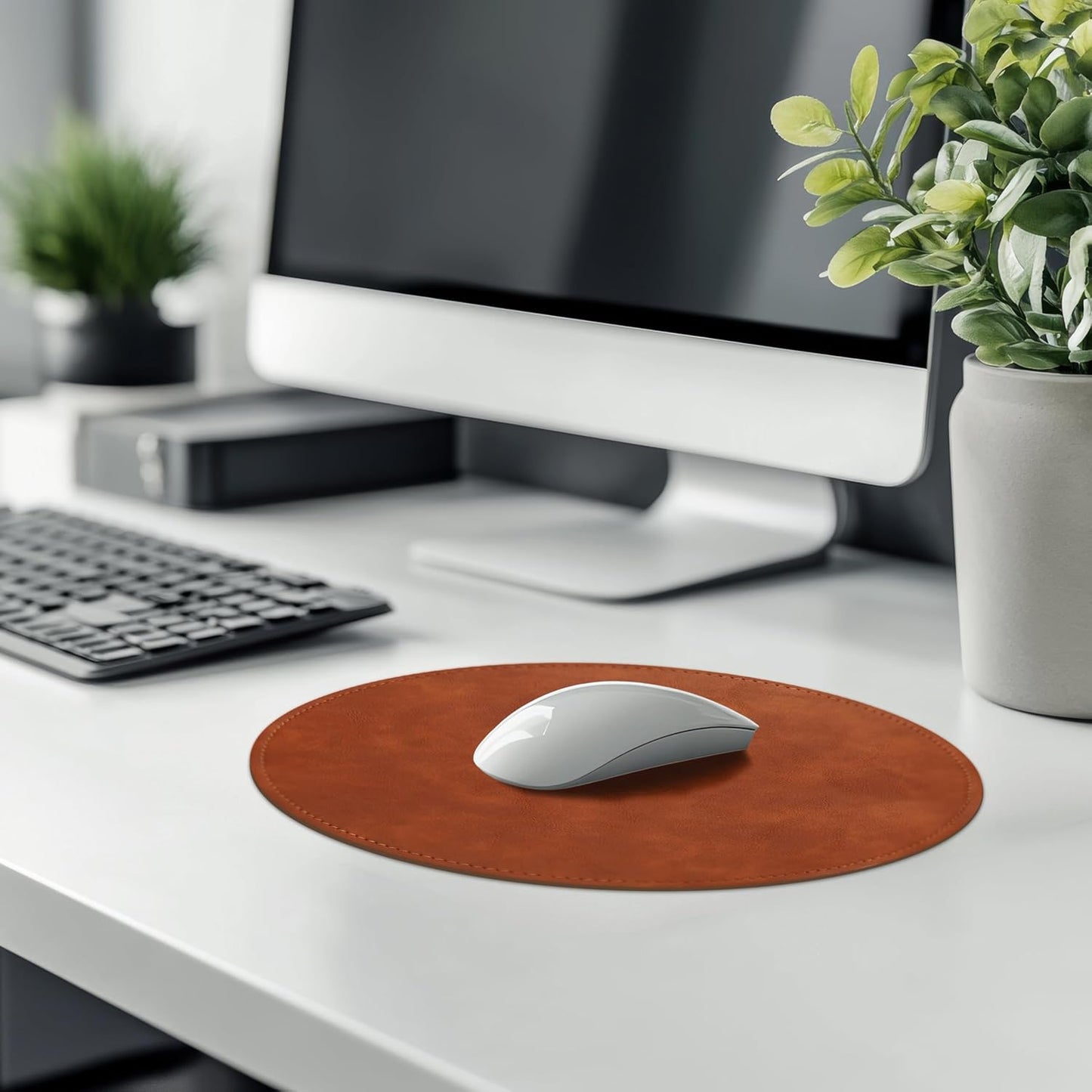 Mouse Pad,Round Mouse Pad,Pu Mouse Pad,Leather Mouse Pad with Stitched Edge Micro-Fiber Base with Non-Slip Waterproof,Mouse Pad for Computers,Laptop,9 X 9 Inch (Caramel Brown)