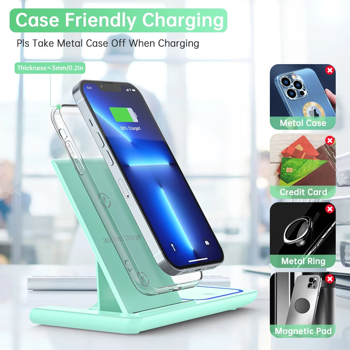 Wireless Charger, 18W 3 in 1 Wireless Charging Station for Iphone 17 16E 15 14 13 12 Pro, Fast Charger Stand for Iwatch SE 9-11 6-8 2-5, Airpods 4/3/2/Pro, Samsung Galaxy Seires (Green)