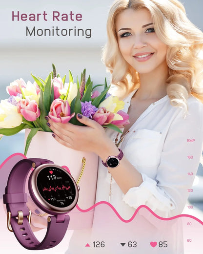 Smart Watch for Women Waterproof Purple, Small, round Women'S Watch Compatible with Iphone Android Phones Fitness Tracker Watch with Heart Rate Monitor Pedometer Sleep Tracker