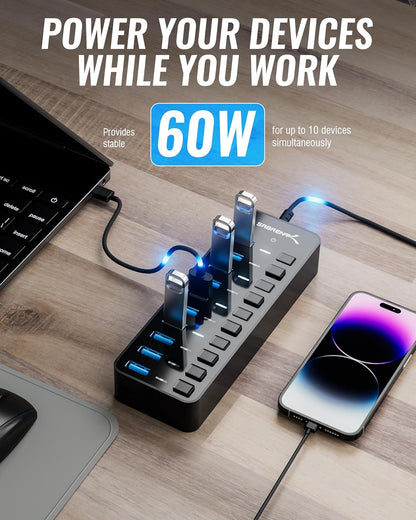 10-Port 60W USB 3.0 Hub with Individual Power Switches and Leds, Includes 60W 12V/5A Power Adapter (HB-BU10)