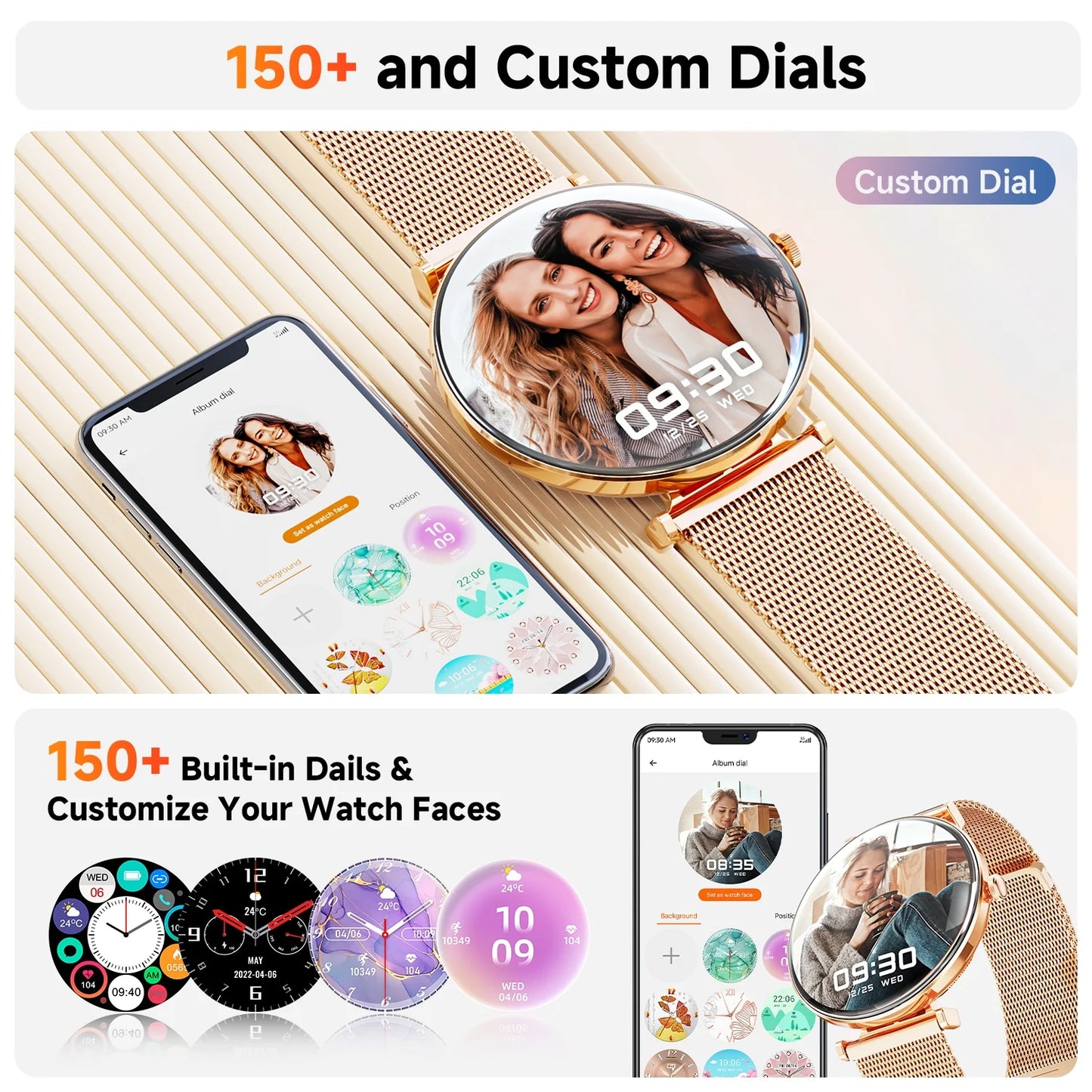 【Amoled】 42Mm Smart Watch for Women, Fits for Android and Iphone Devices,With IP68 Waterproof/150+ Sport Modes，Perfect Gift，2 Straps（Gold）