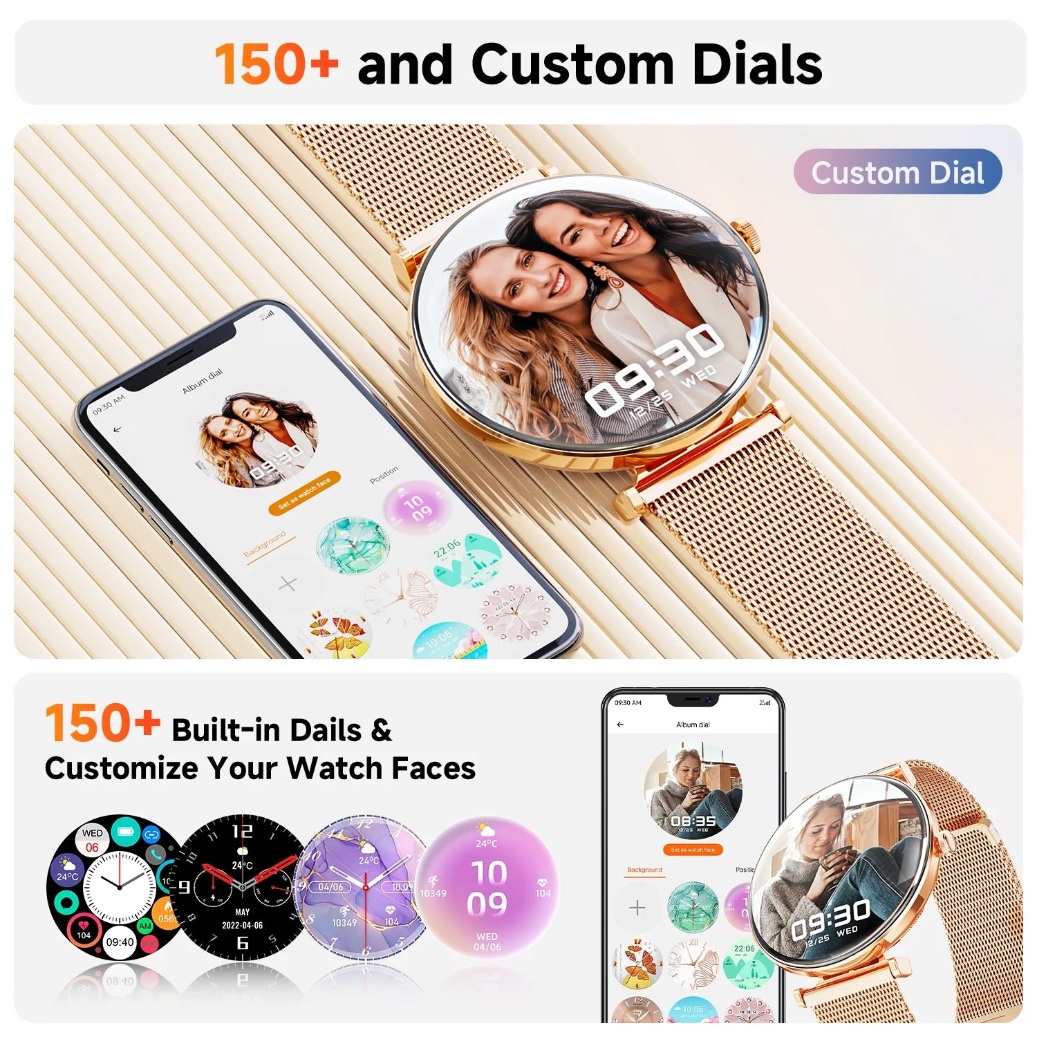 【Amoled】 42Mm Smart Watch for Women, Fits for Android and Iphone Devices,With IP68 Waterproof/150+ Sport Modes，Perfect Gift，2 Straps（Gold）