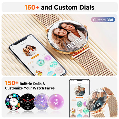 【Amoled】 42Mm Smart Watch for Women, Fits for Android and Iphone Devices,With IP68 Waterproof/150+ Sport Modes，Perfect Gift，2 Straps（Gold）