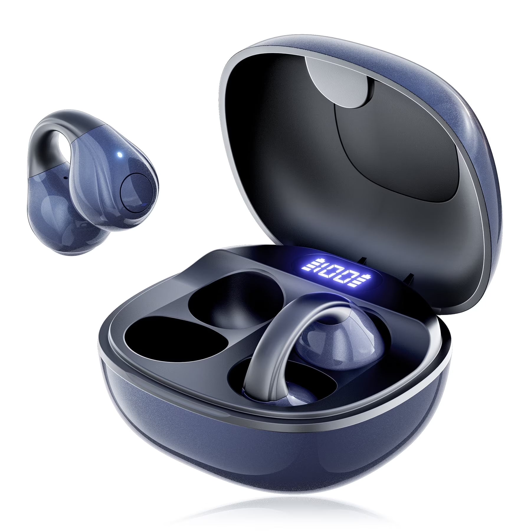 Open-Ear Headphones, Wireless Clip on Earbuds with Digital Display Charging Case 68 Hours Playtime, Lightweight Comfort, Stable Fit, Open-Ear Safety Design for Active and Office Use