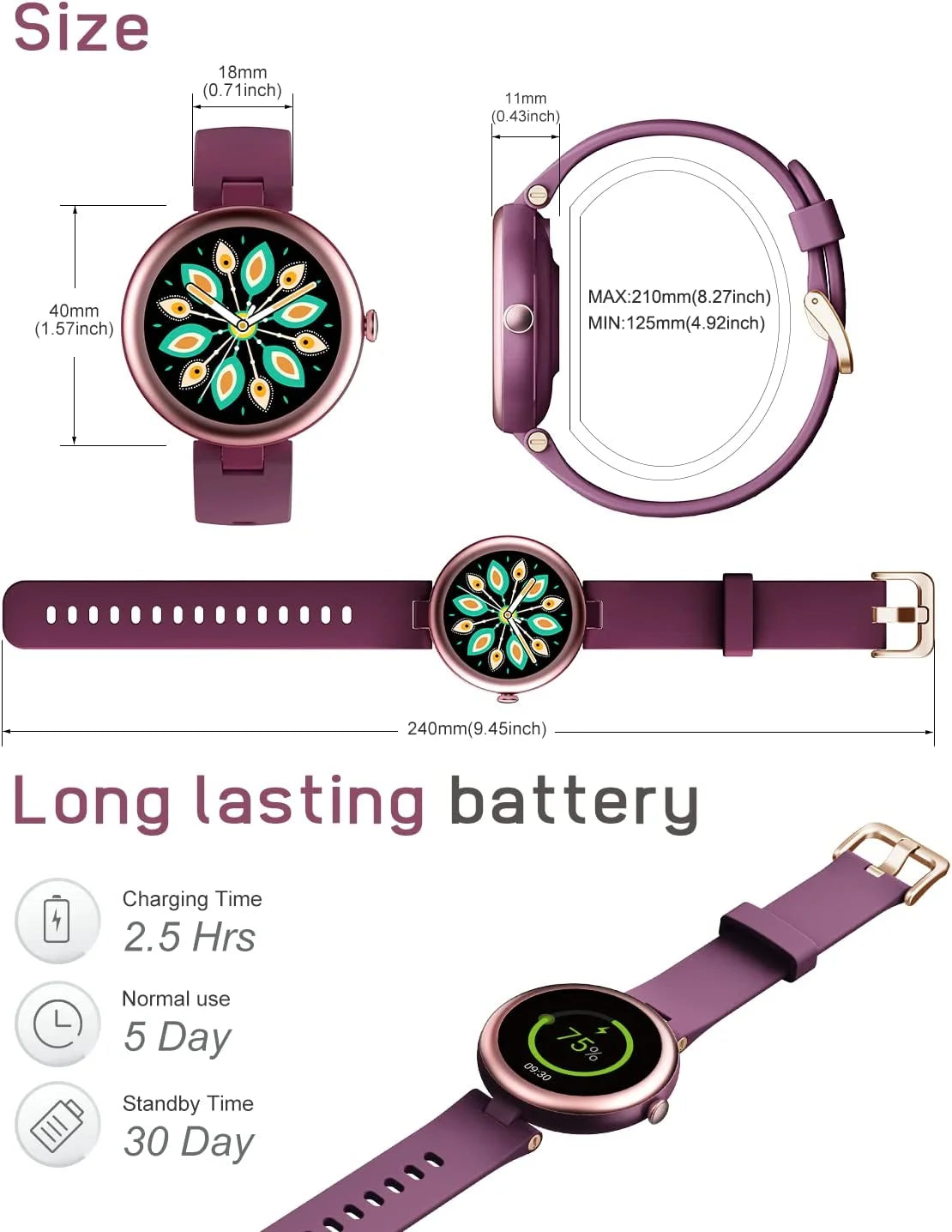 Smart Watch for Women Waterproof Purple, Small, round Women'S Watch Compatible with Iphone Android Phones Fitness Tracker Watch with Heart Rate Monitor Pedometer Sleep Tracker