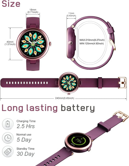 Smart Watch for Women Waterproof Purple, Small, round Women'S Watch Compatible with Iphone Android Phones Fitness Tracker Watch with Heart Rate Monitor Pedometer Sleep Tracker
