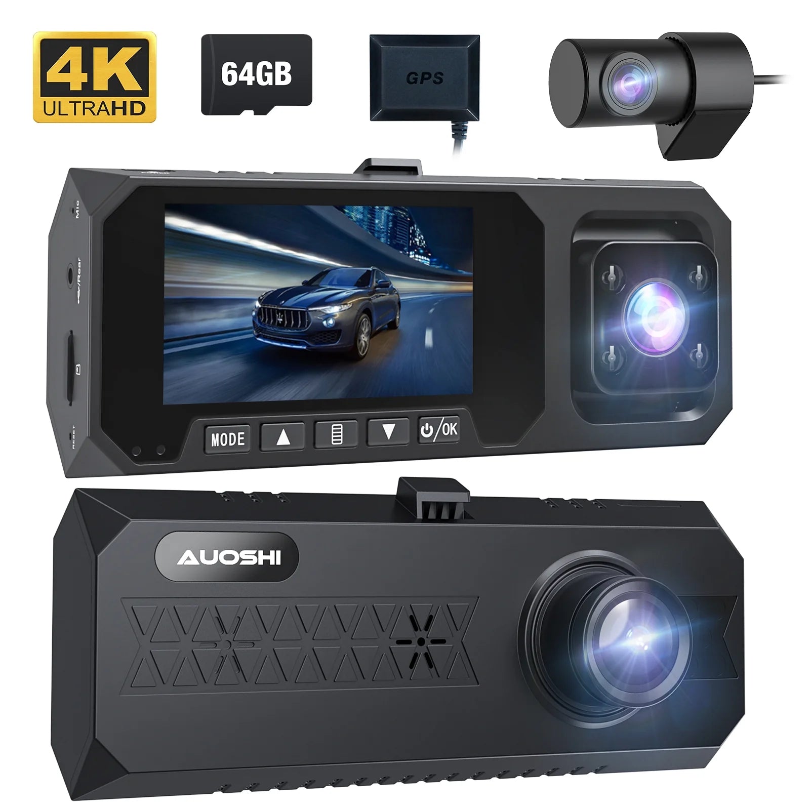 3 Channel Dash Cam Front and Rear, 4K/2.5K + 1080P Premium Car Camera for Cars with Wi-Fi GPS, Night Vision, 3.16" IPS Touchscreen, 24H Parking Mode, WDR, Type-C, 64GB SD Card Included