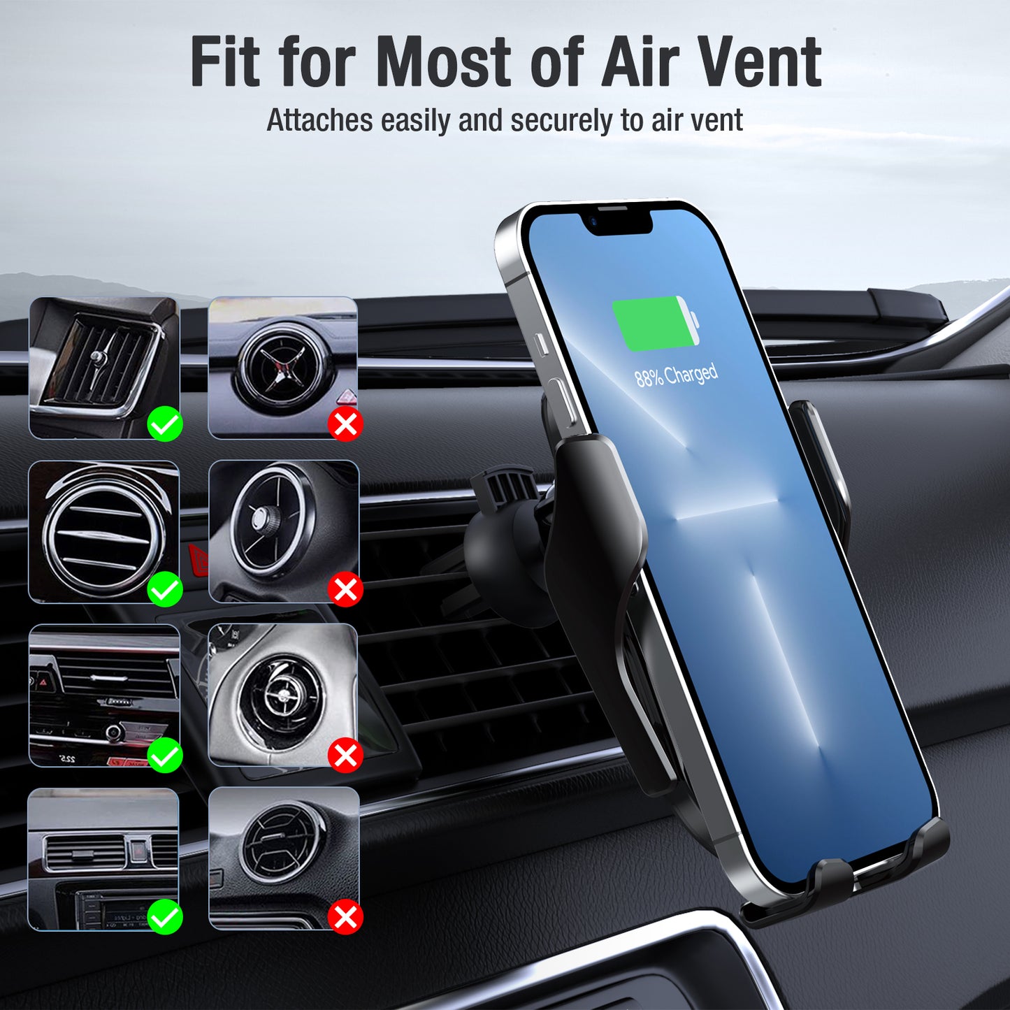 R2 Fast Wireless Charging Air Vent Iphone Samsung Car Mounts with Type-C Cable