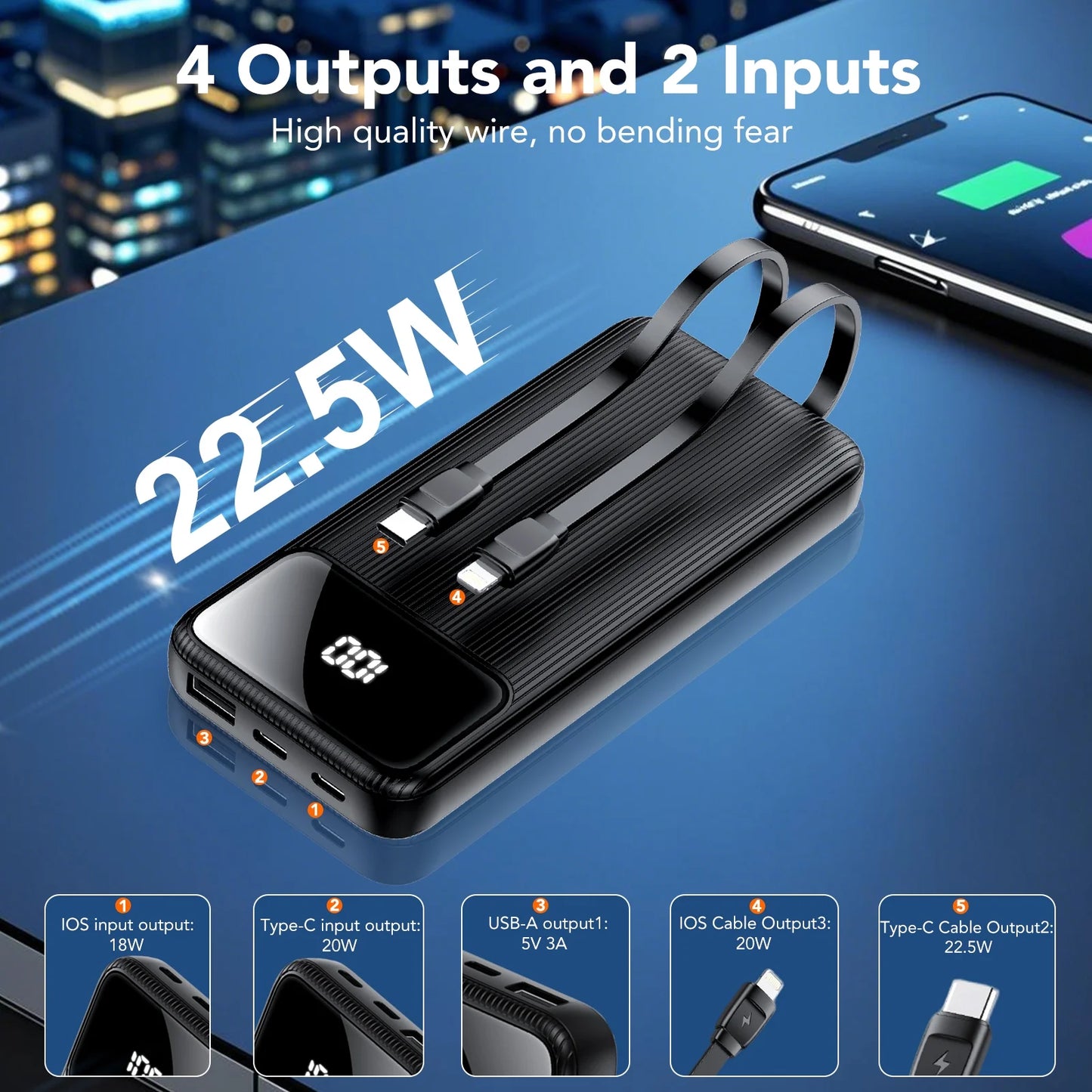 10,000Mah Portable Charger with Built-In Cables,22.5W Fast Portable Charger Power Bank with USB-C, Battery Pack with LED Display Compatible with Iphone and Android Phone,Hiking,Travel Essentials