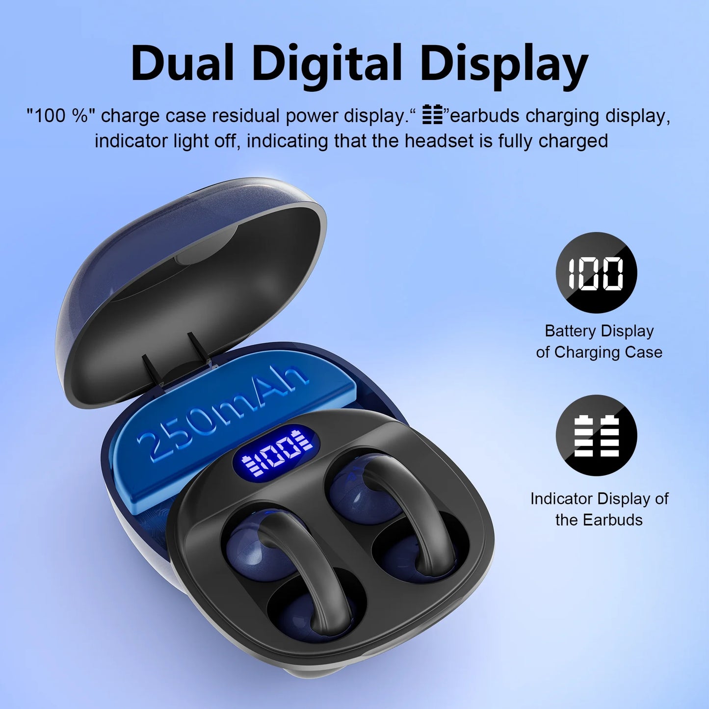 Open-Ear Headphones, Wireless Clip on Earbuds with Digital Display Charging Case 68 Hours Playtime, Lightweight Comfort, Stable Fit, Open-Ear Safety Design for Active and Office Use