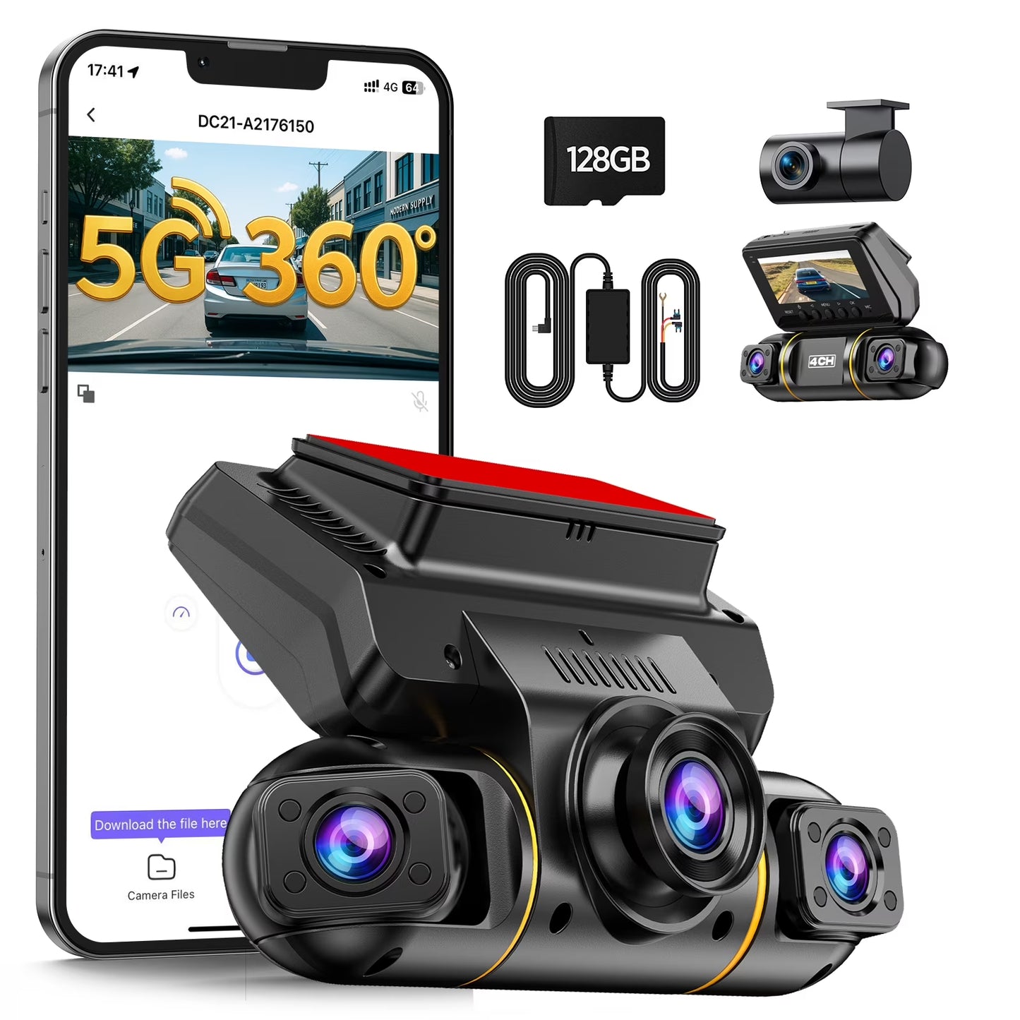 4 Channel Dash Cam Front and Rear inside with Hardwire Kit for 24H Security Parking Monitor, 1080P FHD 360 Degree View 5G Wifi Dash Camera, IR Night Vision Dashcam, G-Sensor, Free 128GB Card