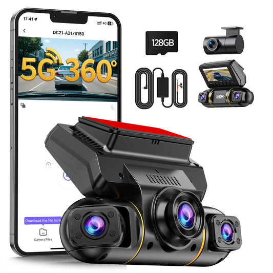 4 Channel Dash Cam Front and Rear inside with Hardwire Kit for 24H Security Parking Monitor, 1080P FHD 360 Degree View 5G Wifi Dash Camera, IR Night Vision Dashcam, G-Sensor, Free 128GB Card