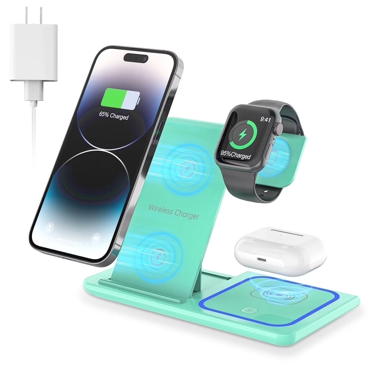 Wireless Charger, 18W 3 in 1 Wireless Charging Station for Iphone 17 16E 15 14 13 12 Pro, Fast Charger Stand for Iwatch SE 9-11 6-8 2-5, Airpods 4/3/2/Pro, Samsung Galaxy Seires (Green)