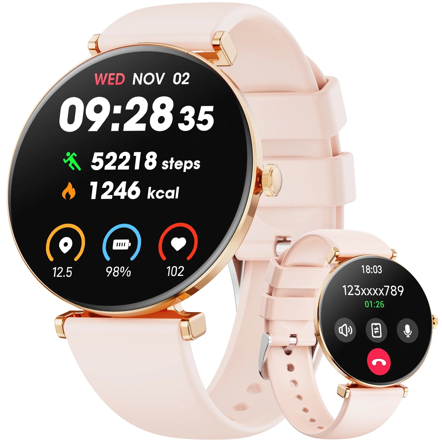 【Amoled】 42Mm Smart Watch for Women, Fits for Android and Iphone Devices,With IP68 Waterproof/150+ Sport Modes，Perfect Gift，2 Straps（Gold）