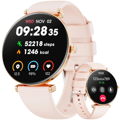 【Amoled】 42Mm Smart Watch for Women, Fits for Android and Iphone Devices,With IP68 Waterproof/150+ Sport Modes，Perfect Gift，2 Straps（Gold）