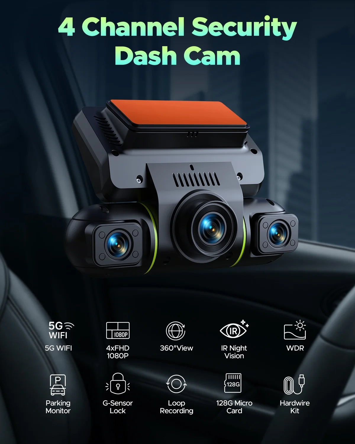 4 Channel Dash Cam Front and Rear inside with Hardwire Kit for 24H Security Parking Monitor, 1080P FHD 360 Degree View 5G Wifi Dash Camera, IR Night Vision Dashcam, G-Sensor, Free 128GB Card