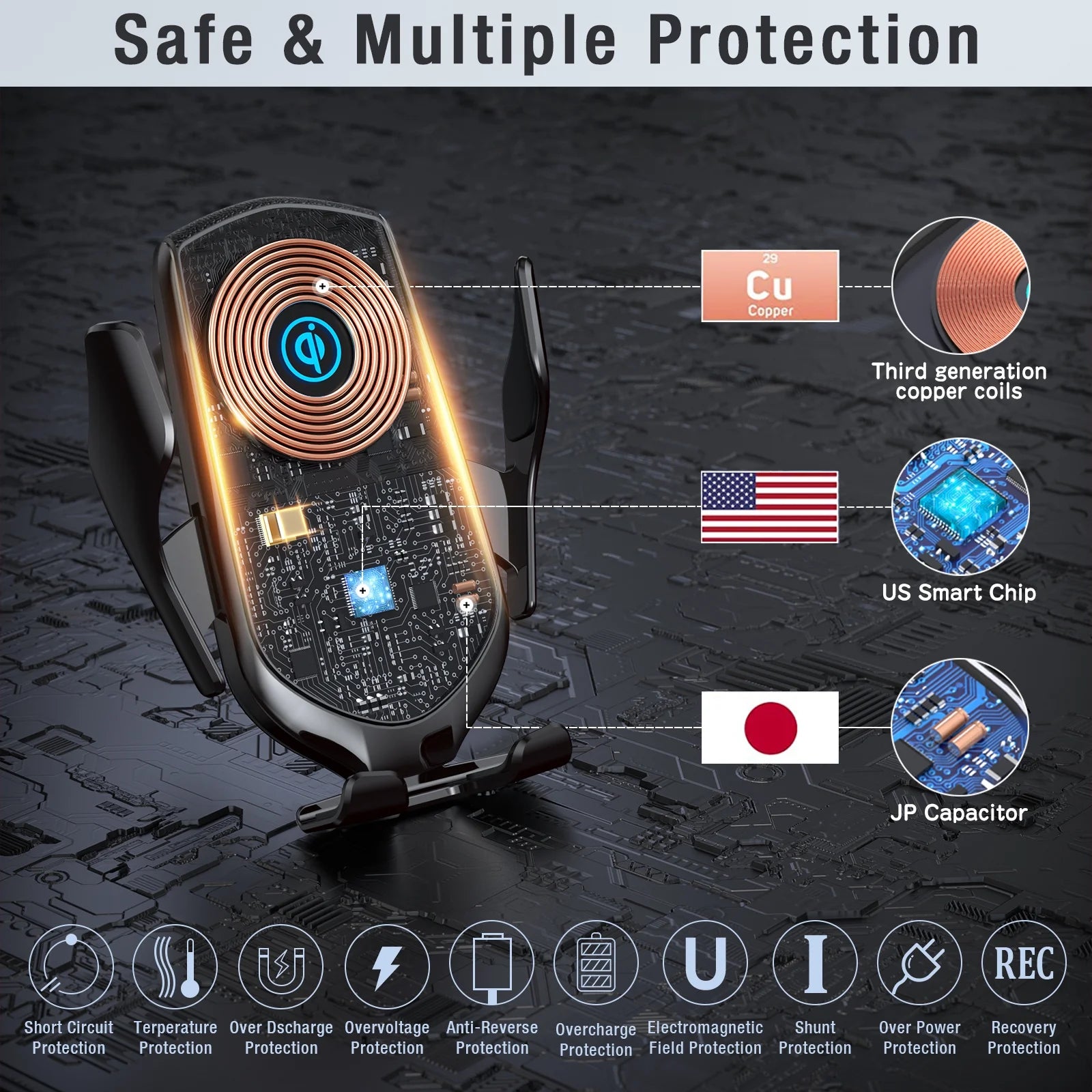 R2 Fast Wireless Charging Air Vent Iphone Samsung Car Mounts with Type-C Cable