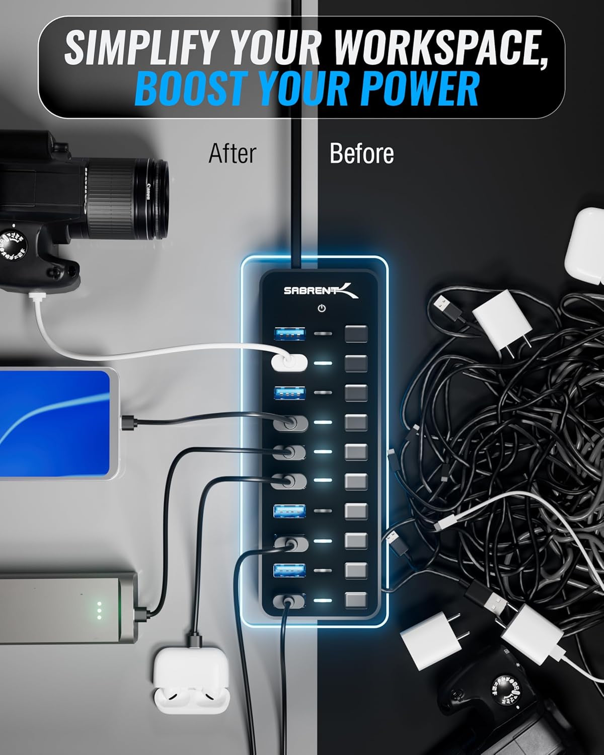 10-Port 60W USB 3.0 Hub with Individual Power Switches and Leds, Includes 60W 12V/5A Power Adapter (HB-BU10)